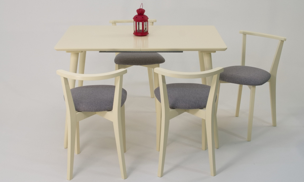 Стол Zip-mebel Монте 120 слоновая кость со стульями Франк слоновая кость рогожка серый