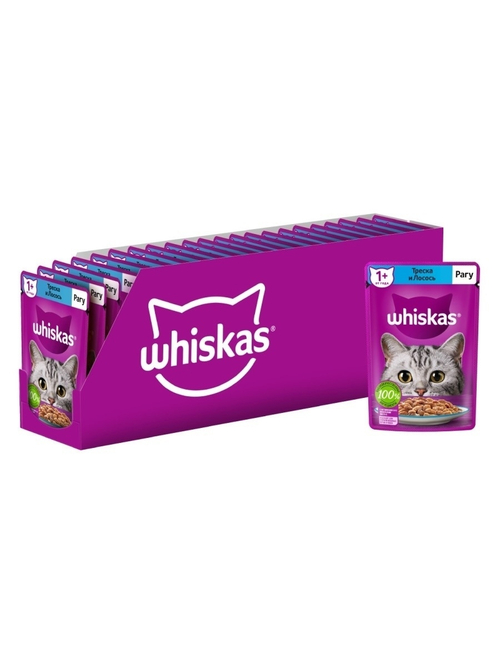 Влажный корм Whiskas для взрослых кошек, рагу с треской и лососем, 28 шт x 75 г