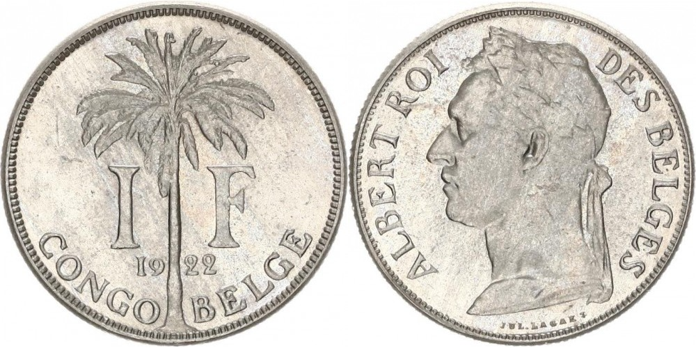 Бельгийское Конго 1 франк, 1922 ALBERT ROI DES BELGES VF