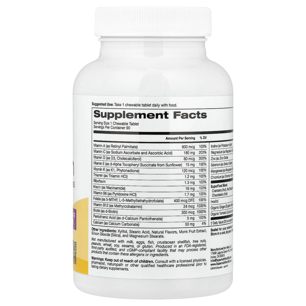 Super Nutrition, Simply One®, мультивитамины и поддерживающие травы для женщин старше 50 лет, вкус ягод, 90 жевательных таблеток