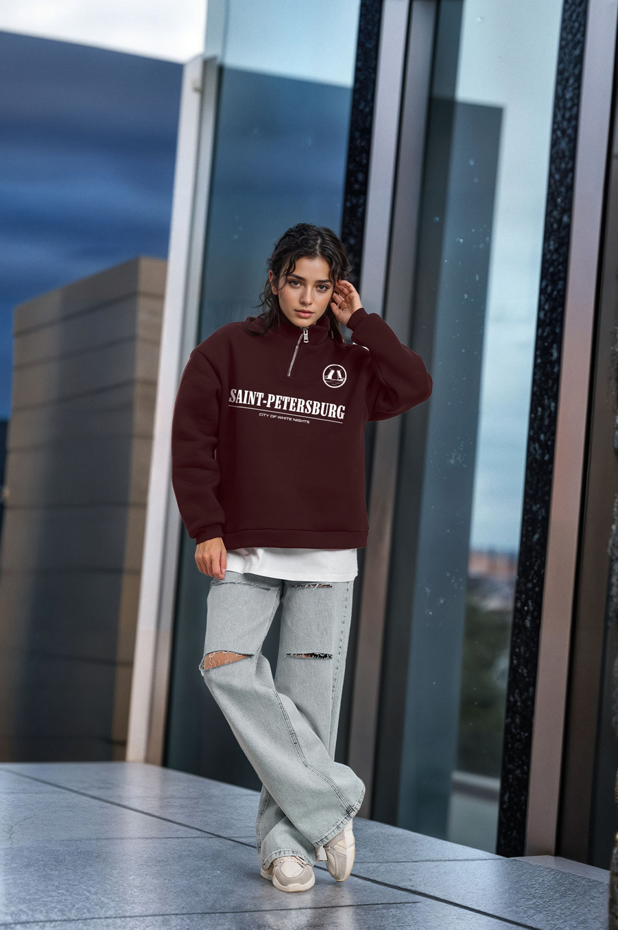 Толстовка женская с зип-воротником "Saint Petersburg" бордо