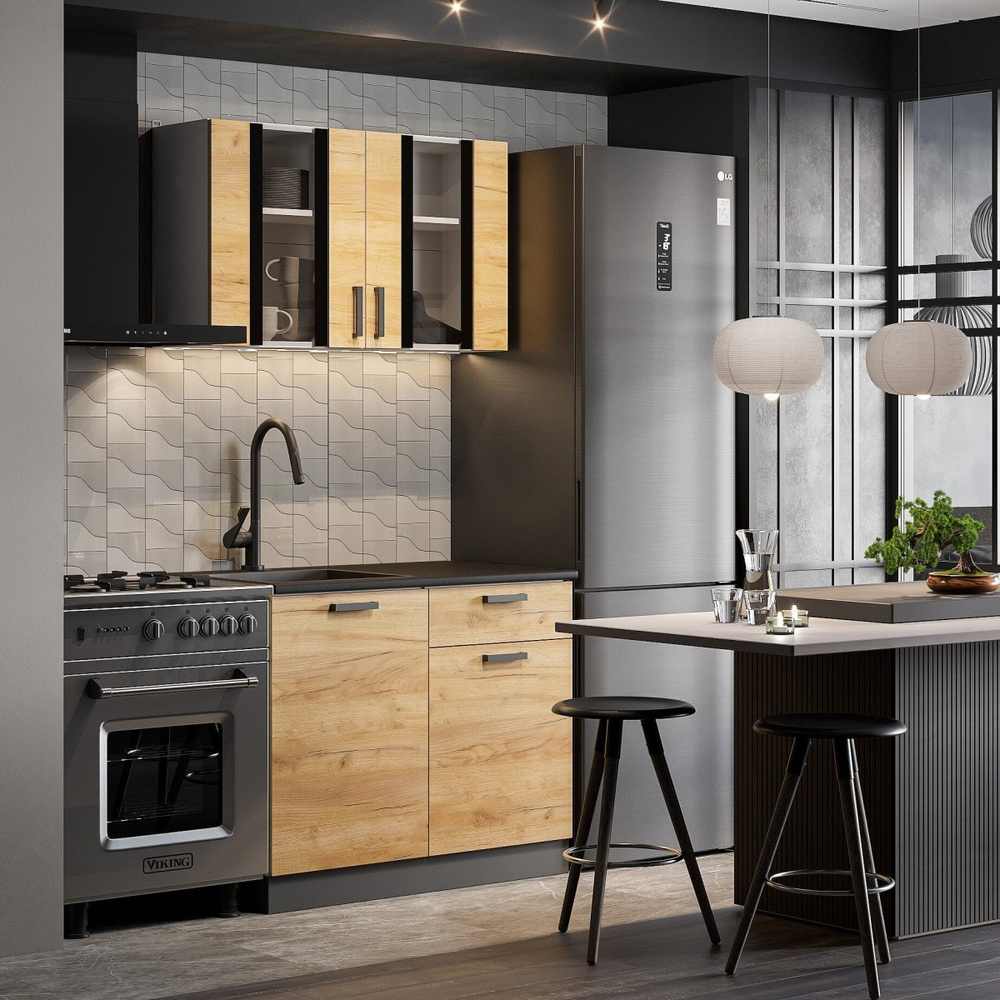 Кухонный гарнитур "Абрау" (1,0 м) белый/дуб золотой/черный