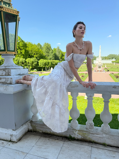 Юбка из органзы с вышивкой с воланами макси