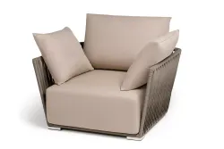 "Форли" кресло плетеное из роупа, каркас алюминий светло-серый (RAL7035) муар, роуп серо-коричневый 23мм, ткань Mossle бежевая