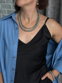 Колье Твин 2 ряда серый жемчуг и цепь ролло, оттенок серебро