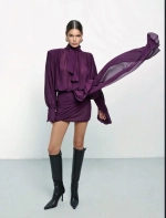 Платье с драпировкой и объемными плечами, Фиолетовое