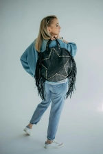 Женская сумка из натуральной вареной кожи с бахромой и заклепками цвет Black