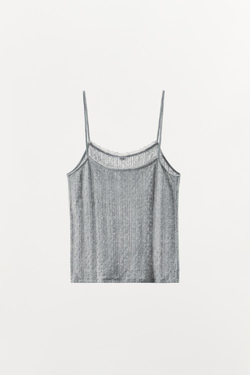 ZARA ТОП НА БРЕТЕЛЯХ С ПЕРФОРАЦИЕЙ И ЦВЕТКОМ, СЕРЫЙ