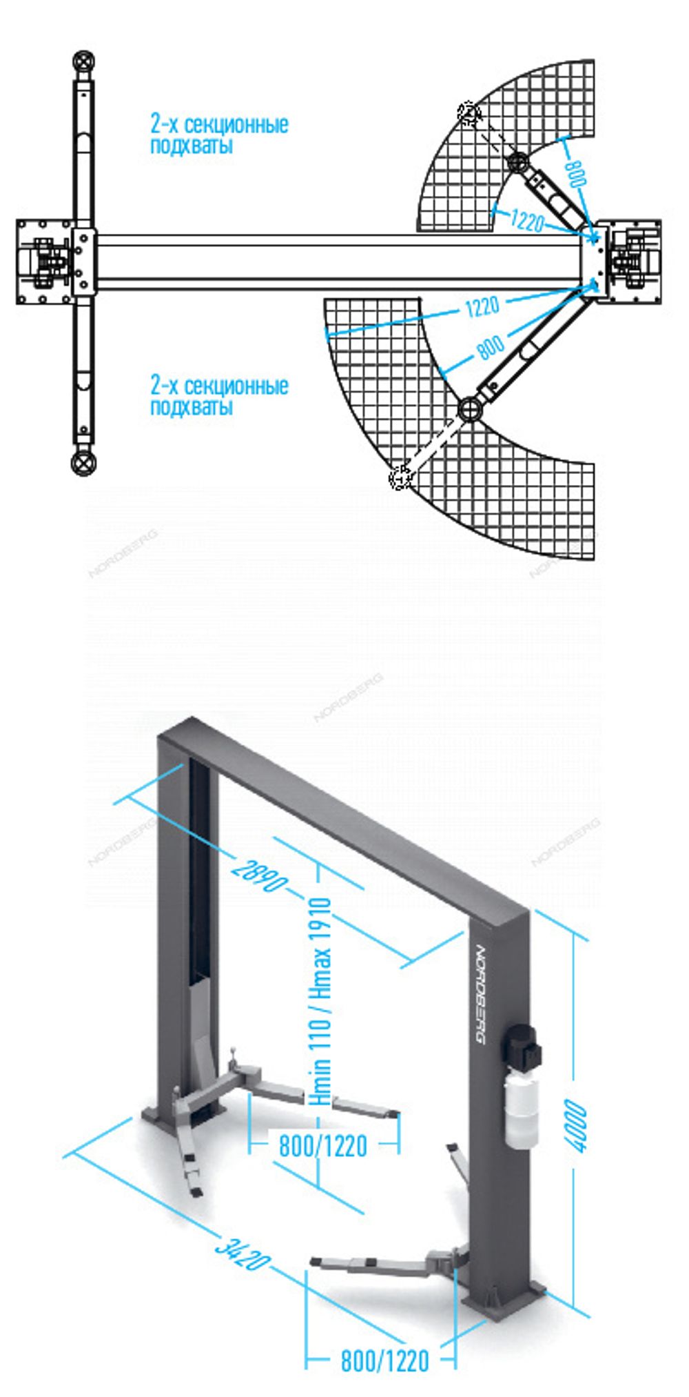 NORDBERG (N4120H1-4B) Подъемник 380V 2х стоечный 4т с верхней синхронизацией, H=4,0 м (синий)