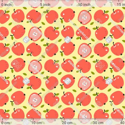 Летний принт красные яблоки на нежно желтом. Фрукты для узора скатерти и дачного текстиля. Рисунок с веганской едой. by Наталья Садыкова 400 DPI