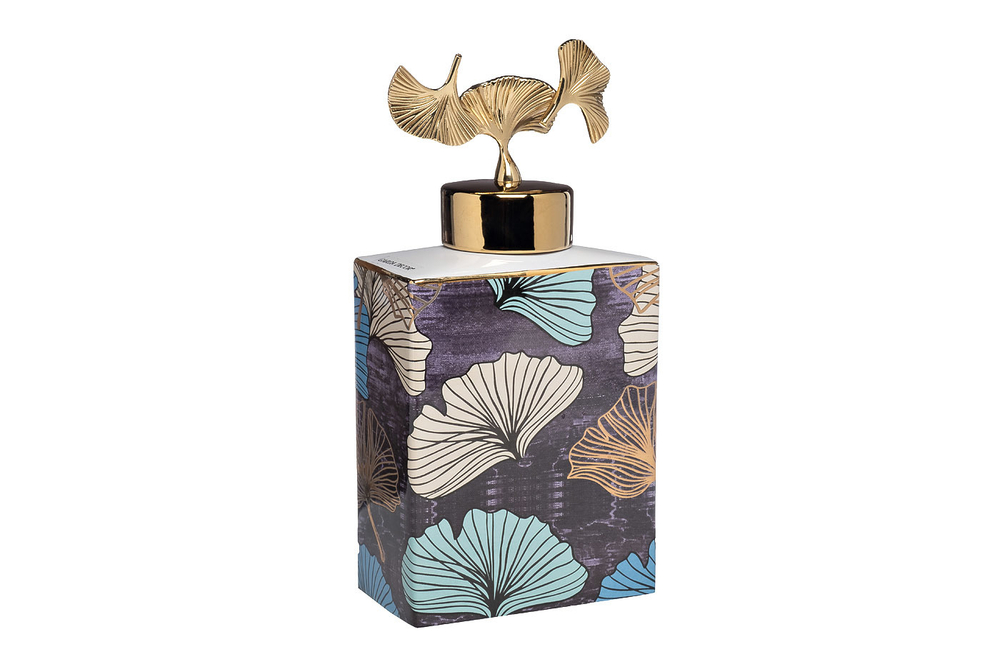 Ваза керамическая с крышкой 14х30 Garda Decor Гинкго бирюзово-серая 55RD4539S-BL