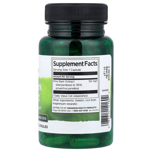 Swanson Vitamins, экстракт сосновой коры, стандартизованный, 50 мг, 100 капсул