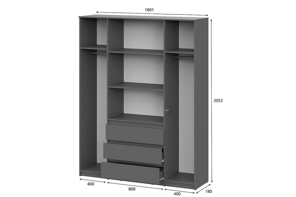 Шкаф для одежды распашной с полками и ящиками Графит серый 160х46х205 см