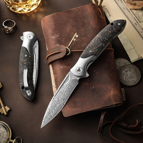 Складной туристический нож TRIVISA Virgo-05 клинок 110 Layers Damascus рукоять титан и карбон (черный)