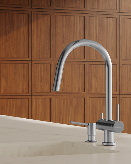 Смеситель для кухни Abelsberg Aera EMF71709CH c вытяжным изливом и возможностью подключения фильтра для воды, цвет глянцевый хром