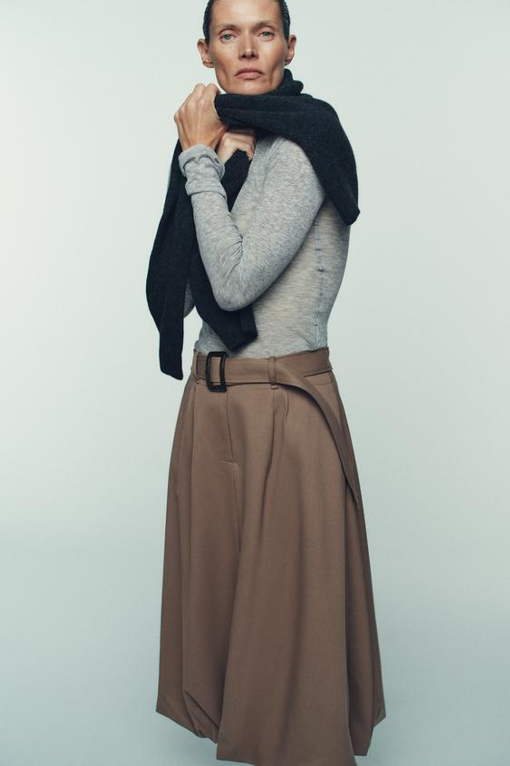 ZARA ЮБКА-БАЛЛОН МИДИ С ПОЯСОМ, РЫЖЕВАТО-КОРИЧНЕВЫЙ