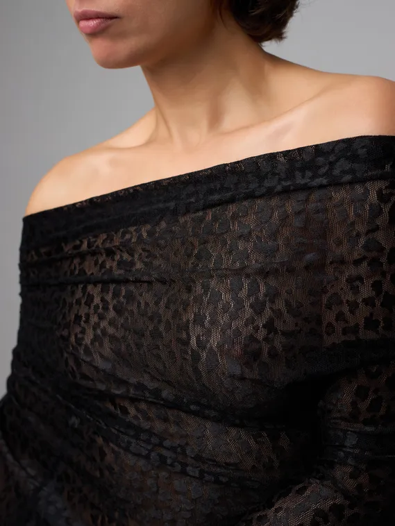 Ткань сетка эластичная, дизайн леопард, глянец, Турция, черный 170