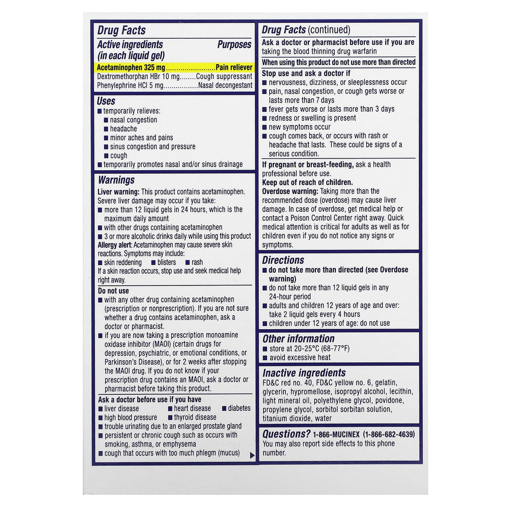 Mucinex, Sinus-Max, сильная заложенность носа и боль, максимальная сила действия, для детей от 12 лет, 16 капсул в жидкой форме