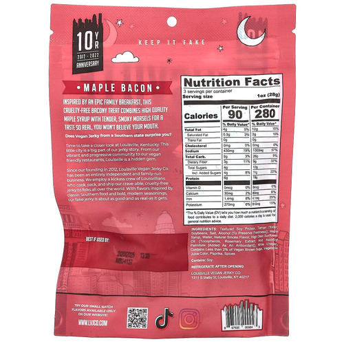 Louisville Vegan Jerky Co, Soy Jerky, кленовый бекон, 85,05 г (3 унции)