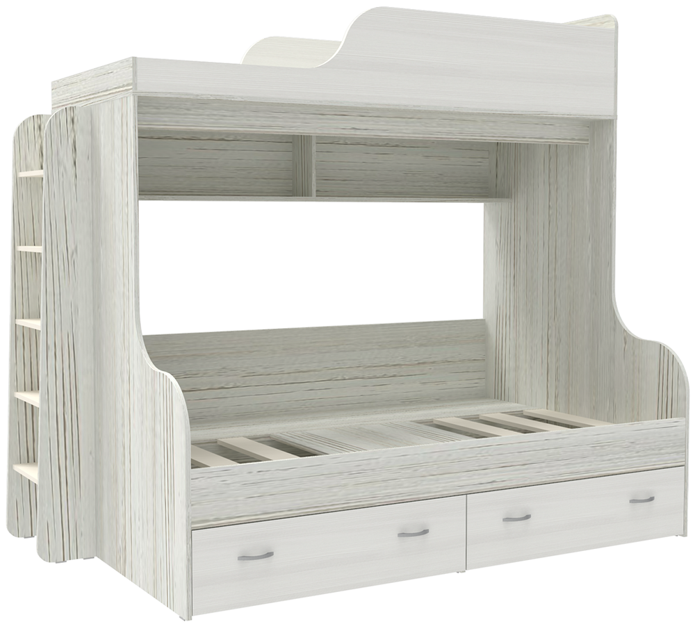 Двухъярусная кровать КарИВи Дуэт-15 с деревянной лестницей Винтерберг Белое Дерево