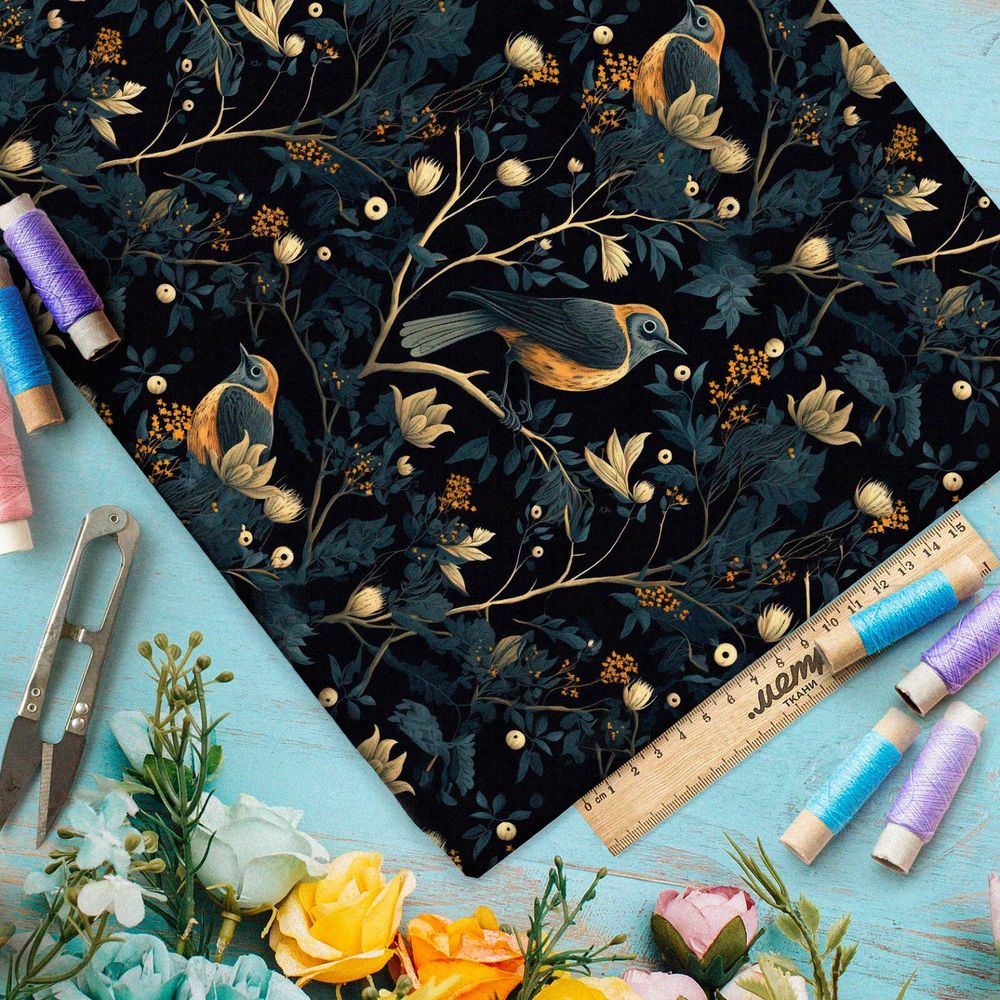 Ткань дюспо ночные птицы на ветвях