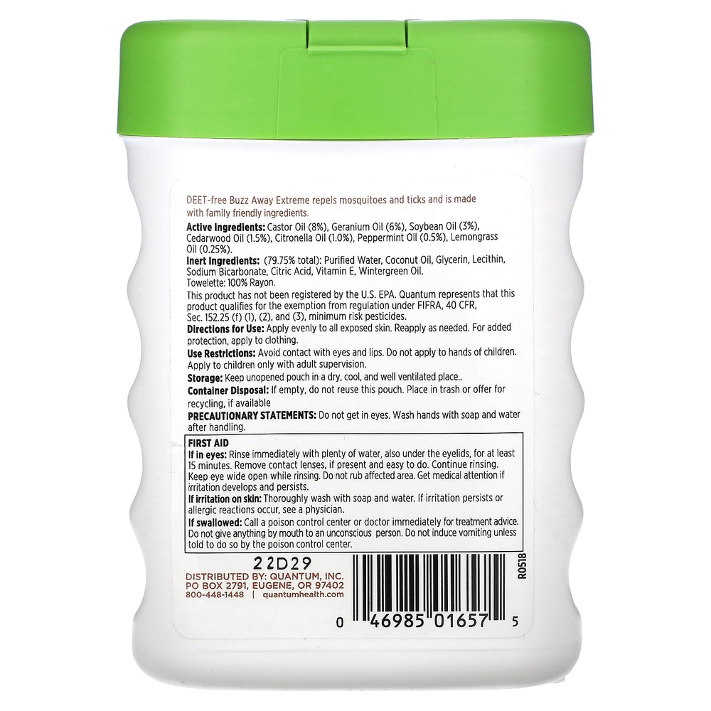 Quantum Health, Buzz Away Extreme®, средство от комаров и клещей, 25 салфеток