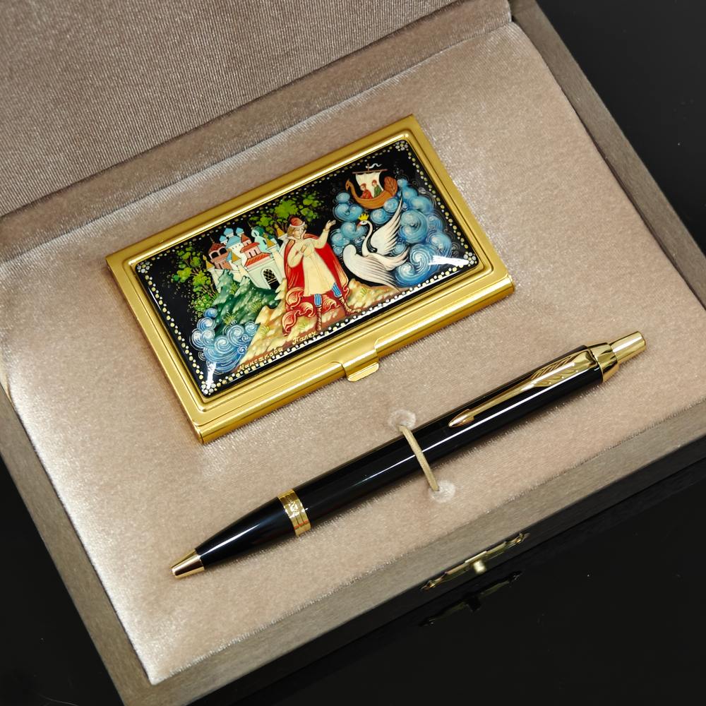 Набор подарочный "Сказка о царе Салтане" визитница персональная с ручной росписью и ручка Parker