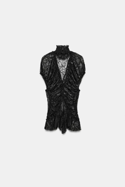 ZARA КРУЖЕВНОЙ ТОП СО СБОРКАМИ, ЧЕРНЫЙ