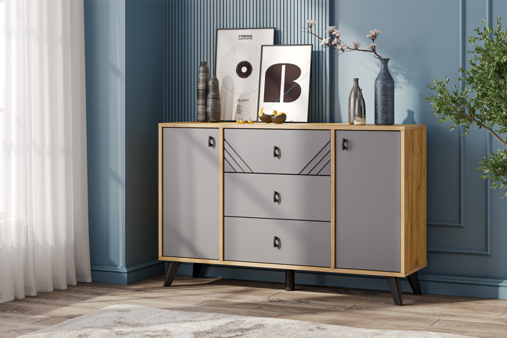 Байкал Комод 3 ящика двухстворчатый (SAFE) (Дуб Золотой/Графит )SV Мебель