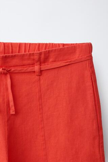 ZARA БРЮКИ ПРЯМОГО КРОЯ ИЗ СМЕСОВОГО ЛЬНА СО ШНУРКОМ, КРАСНЫЙ