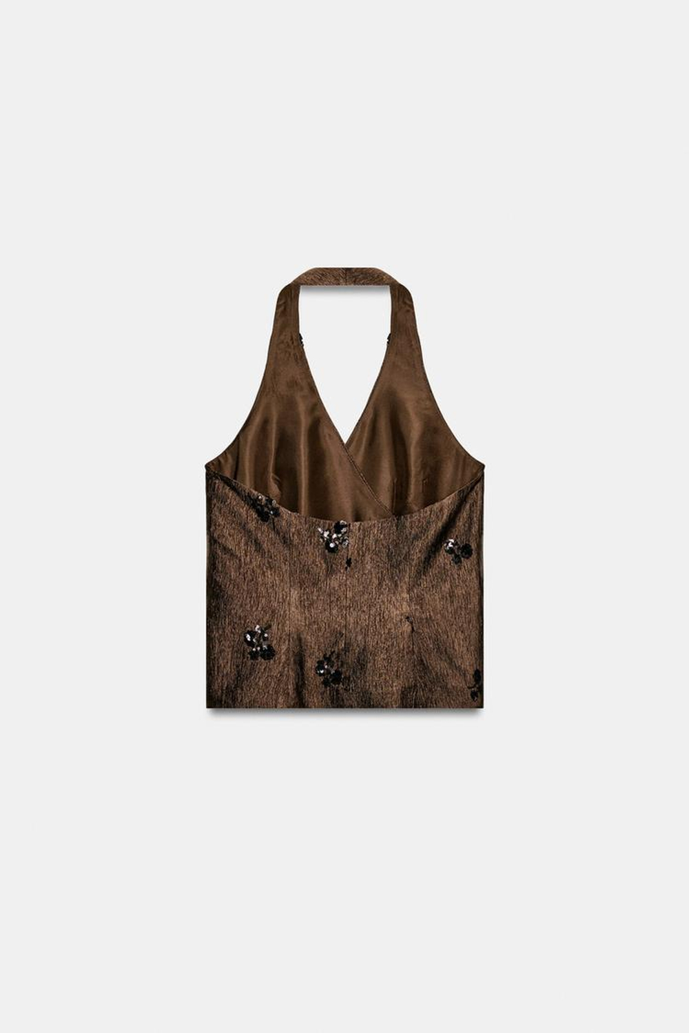 ZARA ТОП С ГОРЛОВИНОЙ ХАЛТЕР И ПАЙЕТКАМИ, КОРИЧНЕВЫЙ