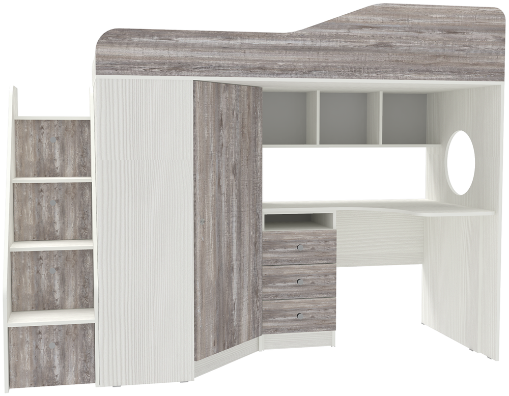 Кровать-чердак КарИВи Кадет 1 с универсальной лестницей Белое Дерево Бетон