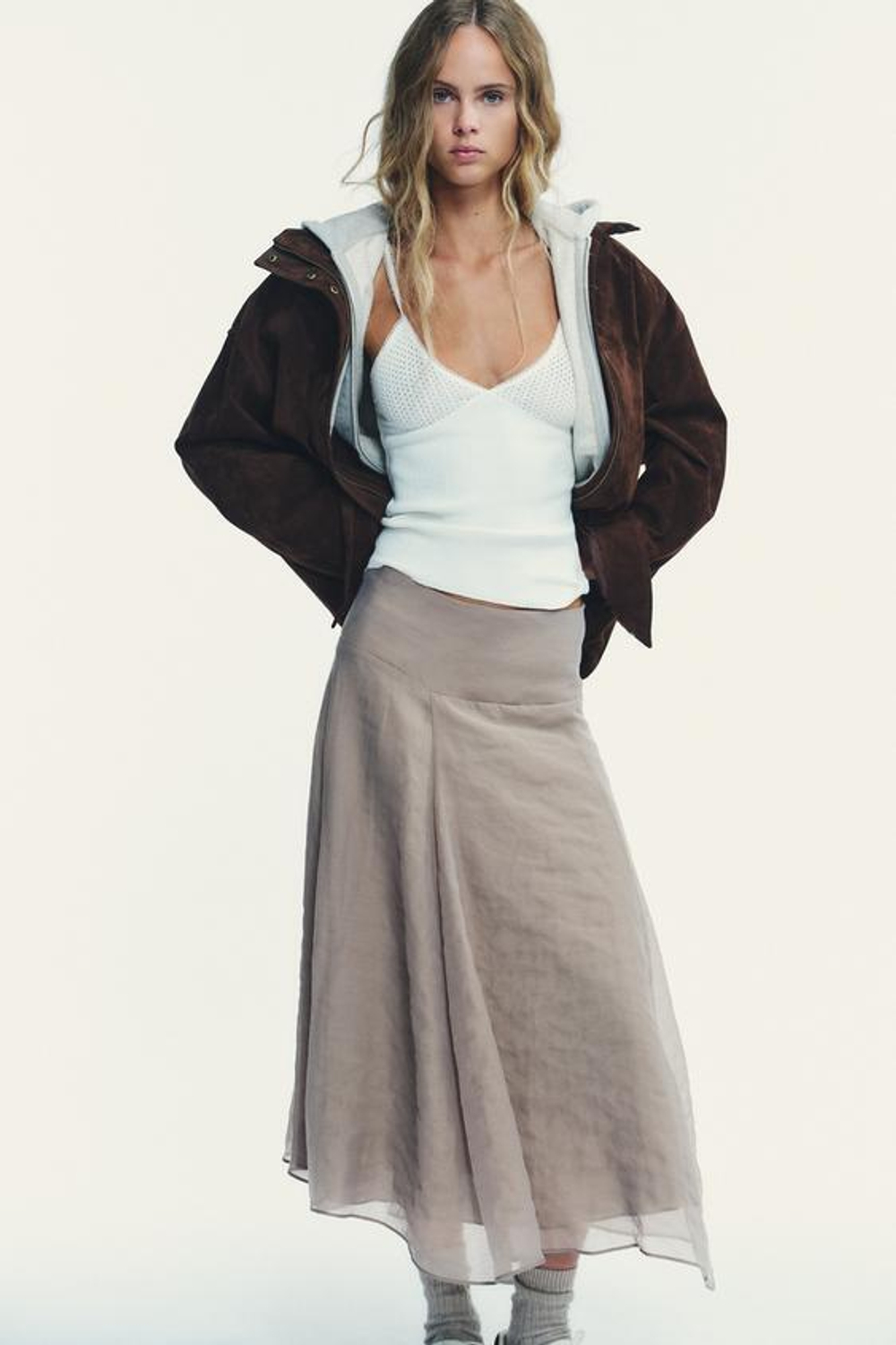 ZARA ЮБКА МИДИ ДВУХСЛОЙНАЯ, СЕРО-КОРИЧНЕВЫЙ