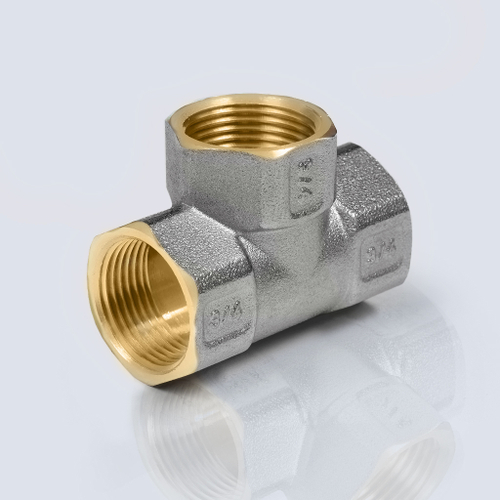 Тройник латунный никелированный равнопроходной внутренняя/внутренняя/внутренняя резьба