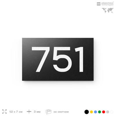 Номер на дверь 751, табличка на дверь для офиса, квартиры, кабинета, аудитории, склада, черная 120х70 мм, Айдентика Технолоджи
