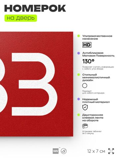 Номер на дверь 433, табличка на дверь для офиса, квартиры, кабинета, аудитории, склада, красная 120х70 мм, Айдентика Технолоджи