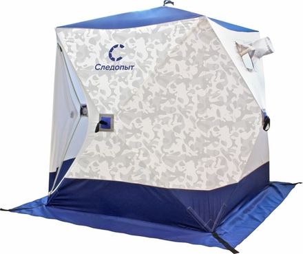 Палатка зимняя куб СЛЕДОПЫТ 1,8 х1,8 м,Oxford 210D PU 1000,S по полу 3,2 кв.м,цв.синий/белый с принт