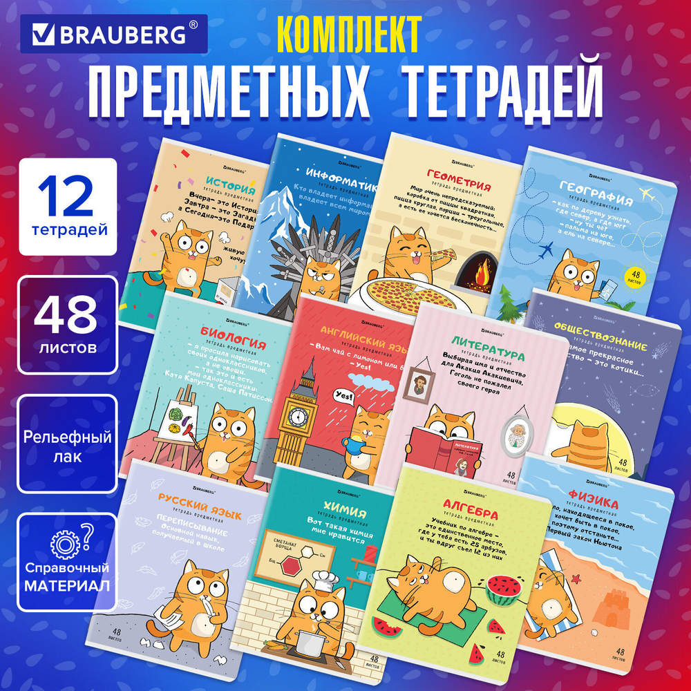 Тетради предметные комплект 12 ПРЕДМЕТОВ 48 л. TWIN-лак BRAUBERG "КОТ-ЭНТУЗИАСТ" (2 штуки в упаковке)