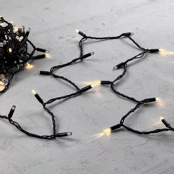Светодиодная гирлянда с колпачком 100 теплых белых LED ламп 10 м., мерцание каждого диода, 24В., черный провод ПВХ, IP65, LTC (PST100ABLCAP-11-1WW)