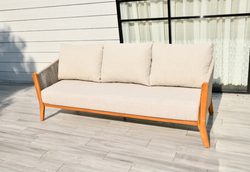 "Сидней" диван 3-местный плетеный из роупа, основание тик, каркас алюминий бежевый, роуп бежевый, ткань бежевая