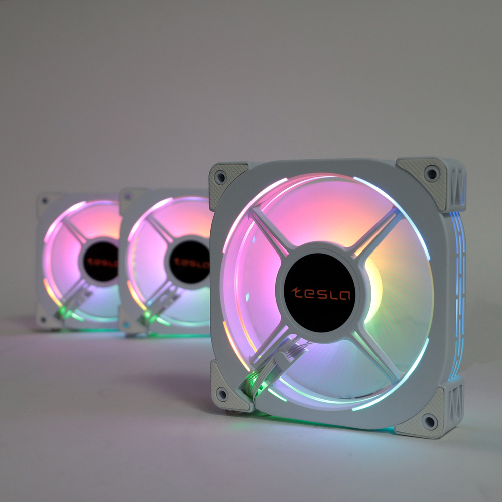Комплект из 3 вентиляторов TESLA RGB120-XW3, 120мм, 1200rpm, Molex, белый/RGB, 38CFM, 21дБ, антивибропрокладки, бесконечное зеркало, изменение скорости анимации подсветки (TSL-120-XW3)