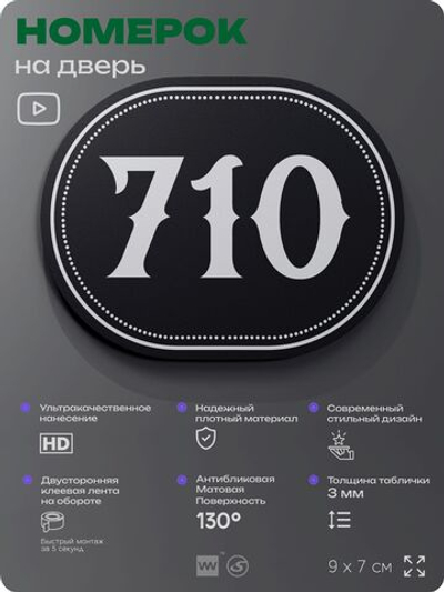 Номерок на дверь квартиры 710, для кабинета, офиса, шильдик 9 х 7 см, черный, Айдентика Технолоджи