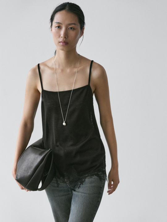 Massimo Dutti Топ в бельевом стиле с кружевом, черный