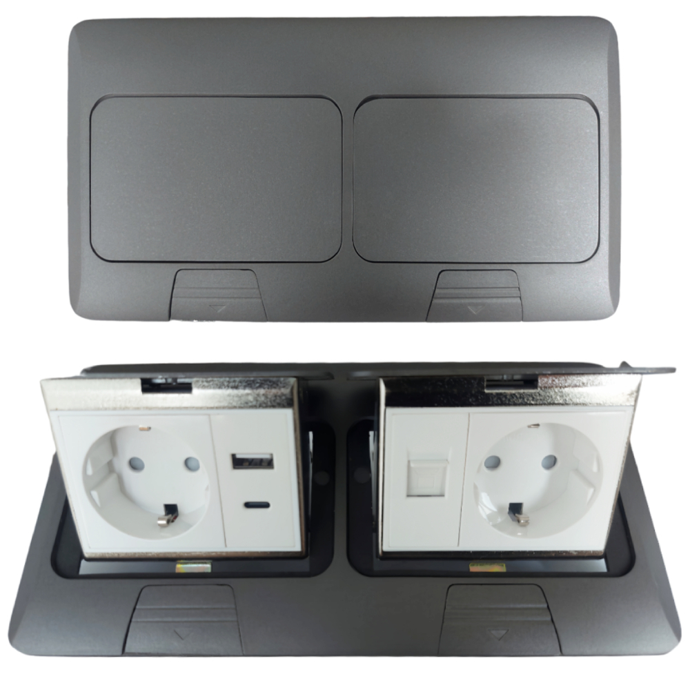 Лючок в пол 2-РОЗЕТКА + USB+TYPE-C + INT (цвет серый)