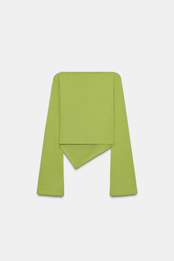 ZARA ФУТБОЛКА С АСИММЕТРИЧНЫМ ВЫРЕЗОМ ЛОДОЧКОЙ, ЗЕЛЕНЫЙ