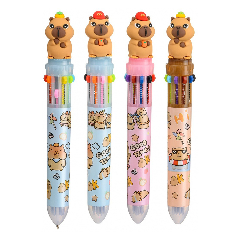 Ручка шариковая, автоматическая, 10в1, Basir, серия "Капибара", 10-ти цветная, с резиновой фигуркой, 36 шт