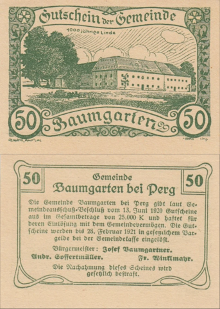 Австрия 50 геллеров 1920 Баумгартен aUNC