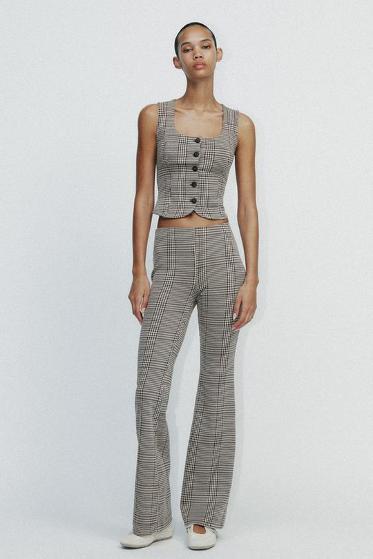 ZARA БРЮКИ FLARED ИЗ ИНТЕРЛОКА, СЕРЫЙ/КОРИЧНЕВЫЙ
