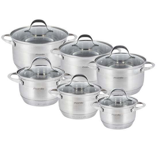 Набор кастрюль 12 предметов Kamille KM-4704S из нержавеющей стали (1,8 л; 2х2,3 л; 2х3,3 л; 5,8 л. 7-слойное дно)