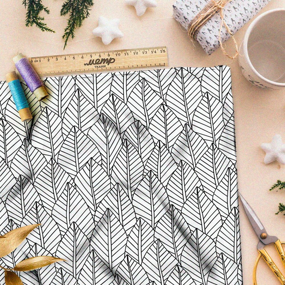 Ткань саржа плотный рисунок чёрно-белых листьев
